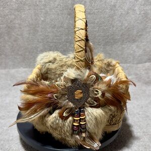 Native American Style Hand Woven Basket Sm Rabbit Fur Feather Leather Bead Art